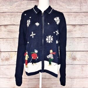 Vintage Holiday Lodge Northcrest Cardigan Sweater Blue Christmas Zipper L 14-16